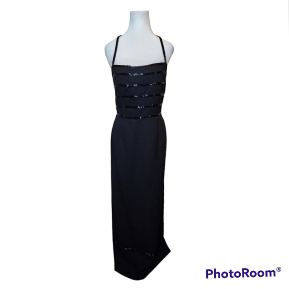 COPY - Simon Chang Black Evening Gown with Sequin Detail at Bodice and Bottom o… - Picture 2 of 11